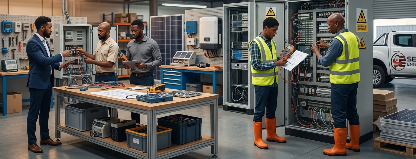 SETCON ENGINEERING technicians working on electrical and solar systems